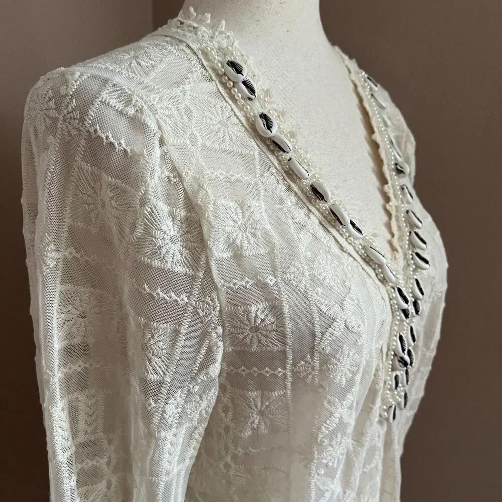 Miho's Italy Lace Crochet Cover Up Tunic Dress Shell Beaded Vacation Euro Summer